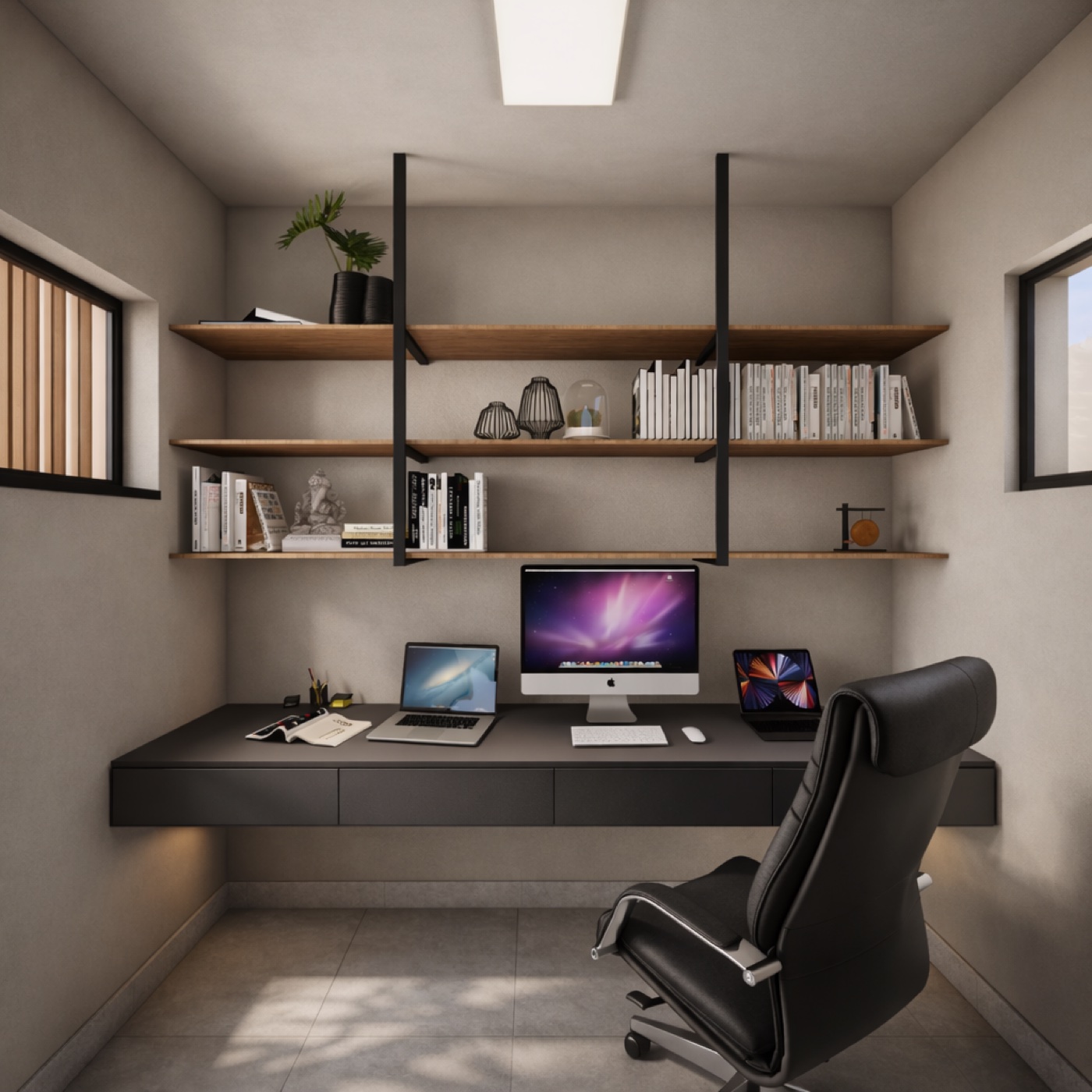 Home office com estantes embutidas