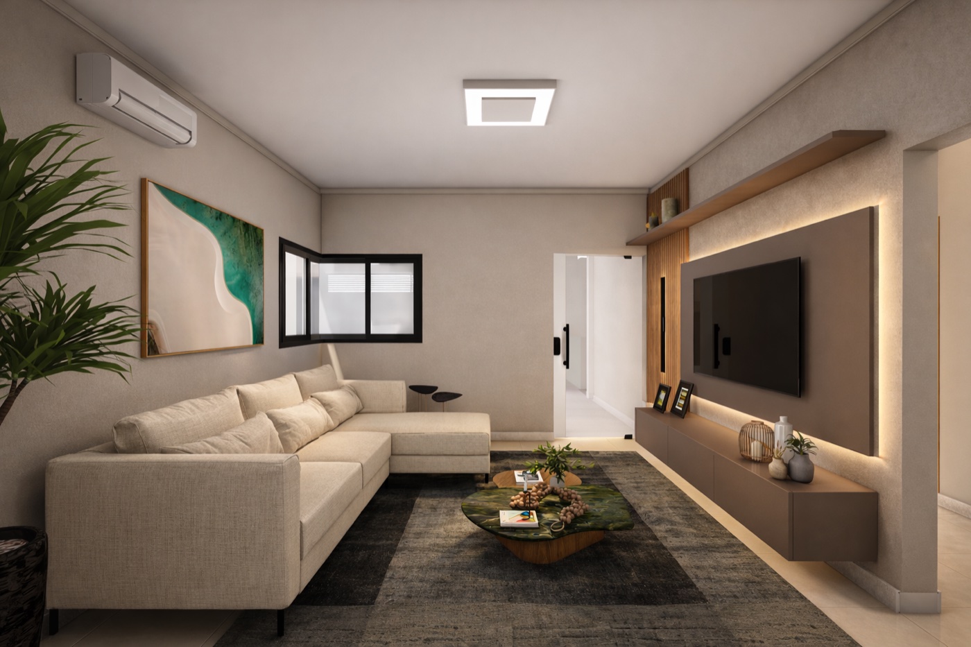 Sala de estar com painel ripado e TV embutida